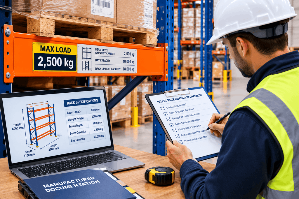 Warehouse inspector checking pallet racking weight capacity, beam and bay load ratings, and manufacturer specifications.