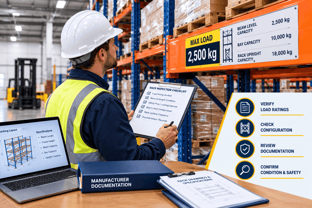 Warehouse safety engineer verifying pallet racking load ratings, rack configuration, manufacturer documentation, and structural condition.